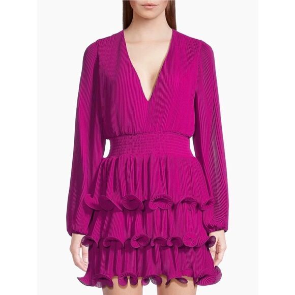 NWT Milly Ryan Pleated Chiffon Long Sleeve Mini Dress in Fuchsia, Size 6 - Picture 8 of 16